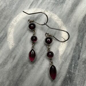 Vintage Sterling Silver Garnet Dangle Earrings Red Cabochon Marquise Drop Boho